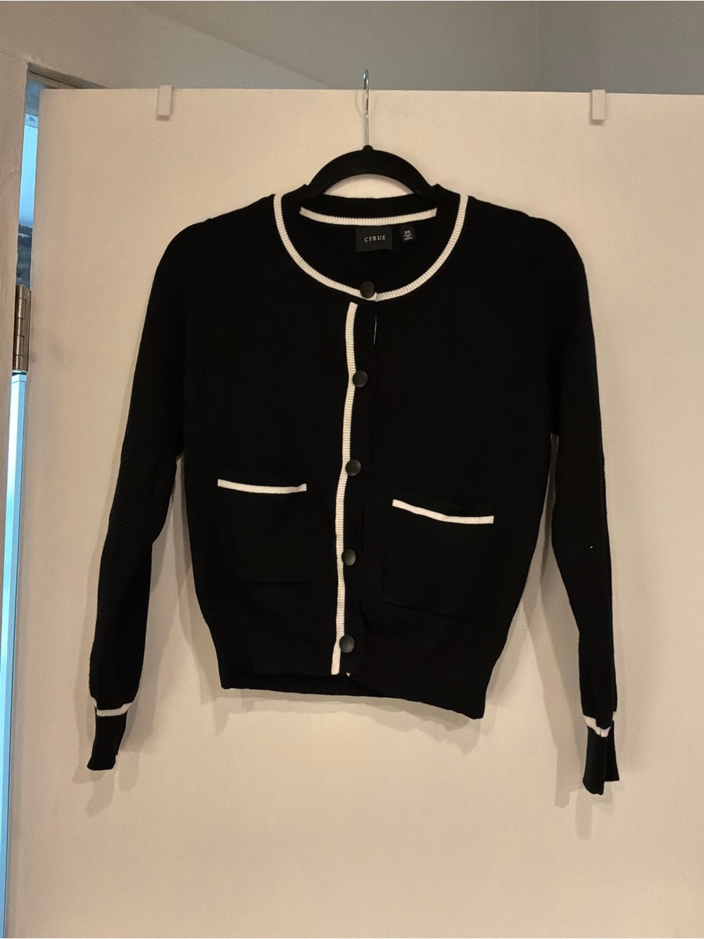 Cyrus Black Cardigan with White Contrast Trim